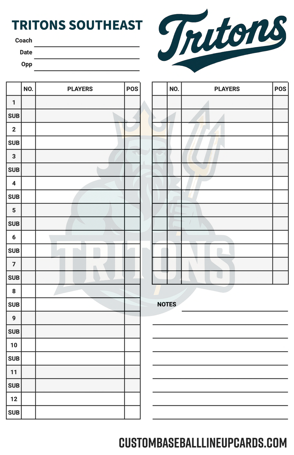 Tritons Style Custom Baseball Lineup Card - Our Best Selling Design